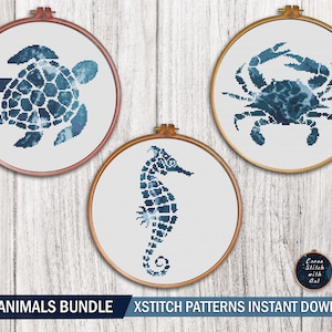 Sea animal cross stitch patterns bundle. Nautical cross stitch PDF. Nature cross stitch. Crab, turtle cross stitch. Sea horse embroidery