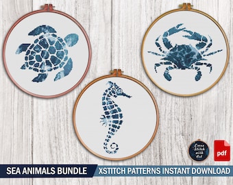 Sea Animal Cross Stitch Patterns Bundle, Nautical Crab, Turtle, Seahorse (PDF)