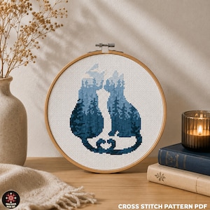 Cats in Love Cross Stitch Pattern – Romantic Forest Silhouette (PDF Pattern)