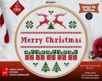 Merry Christmas cross stitch pattern. Xmas cross stitch PDF. Christmas tree embroidery. Nordic cross stitch deer. Easy counted cross stitch