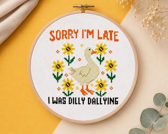Patrón de punto de cruz de Silly Goose – Estaba perdiendo el tiempo, cita sarcástica y divertida con temática floral, humor sobre TDAH (PDF)