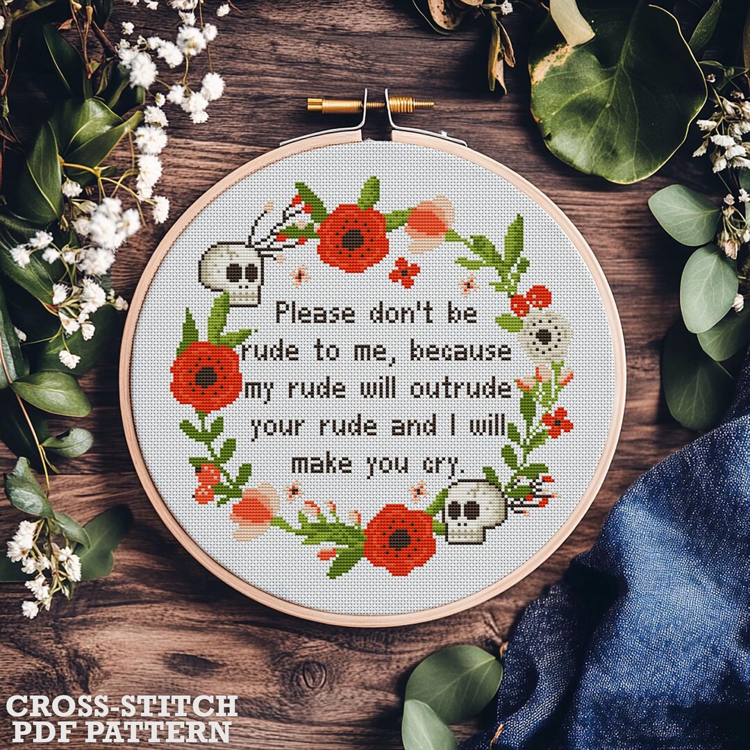 Funny Sarcastic Cross Stitch Pattern – Skull & Floral Wreath (PDF ...