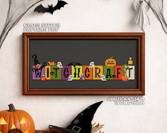 Witchcraft Halloween Cross Stitch Pattern, Spooky Holiday Decor (PDF)