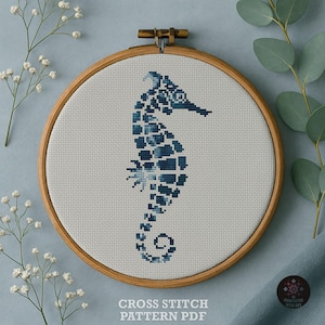 Seahorse Cross Stitch Pattern, Blue Nautical Embroidery (PDF Pattern)