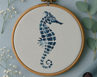 Seahorse Cross Stitch Pattern, Blue Nautical Embroidery (PDF Pattern)