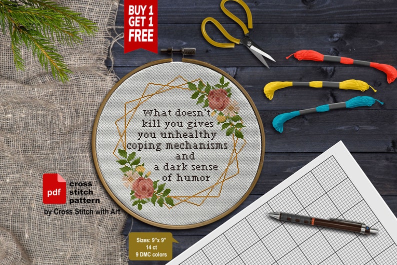 What Doesn't Kill You Cross stitch pattern. Adult cross stitch PDF. Modern flower cross stitch. Snarky cross stitch, sarcastic quote, funny image 4