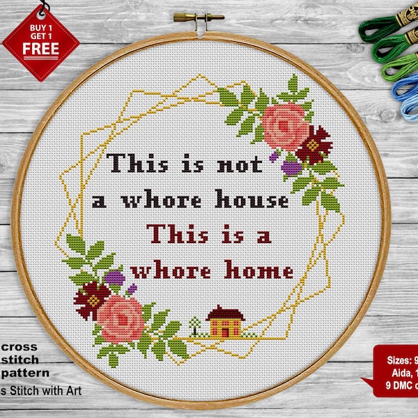 A whore home cross stitch pattern. Snarky cross stitch PDF. Modern counted cross stitch.  funny xstitch, wreath embroidery flower