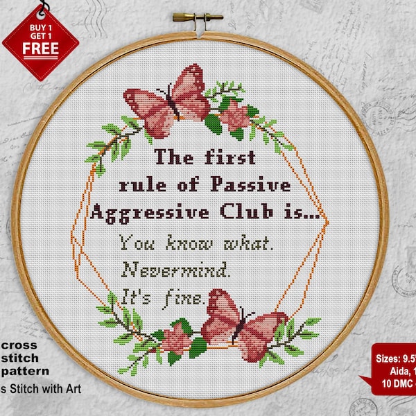 Passive Aggressive Club Cross stitch pattern. Snarky cross stitch. Modern counted cross stitch. Sarcastic quote cross stitch PDF, embroidery