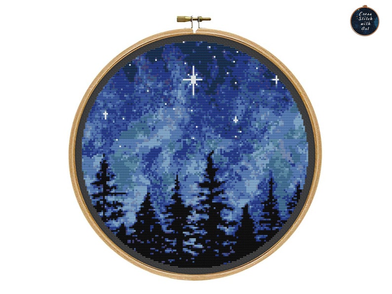 Night Forest Cross Stitch Pattern, Landscape Embroidery (PDF Download) image 5