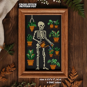 Divertente schema per punto croce con scheletro, mamma di piante gotica e inquietante (PDF)