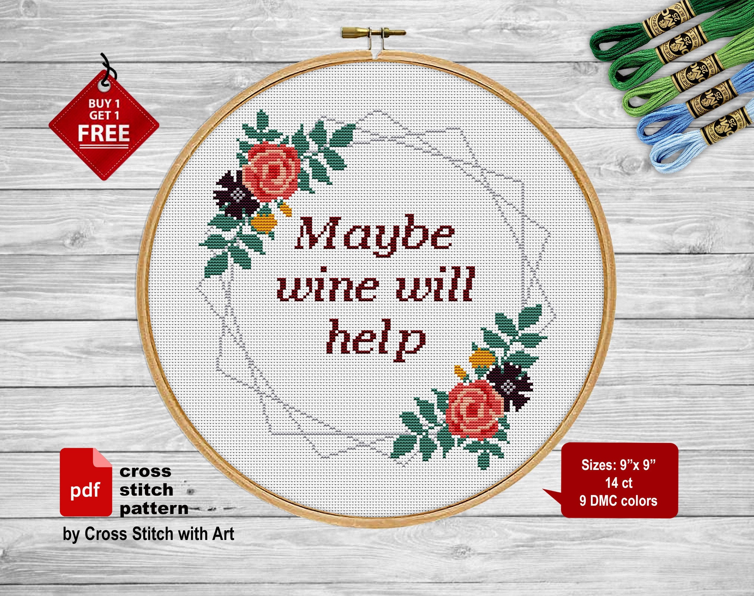 Maybe wine will help Cross stitch pattern. Snarky cross stitch Home decor. Modern flower cross stitch PDF Sassy cross stitch sarcastic quote