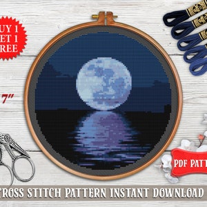 Moon cross stitch pattern. Nature cross stitch PDF. Night Landscape cross stitch chart. Modern cross stitch. Counted xstitch, embroidery