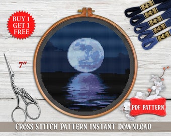 Moon cross stitch pattern. Nature cross stitch PDF. Night Landscape cross stitch chart. Modern cross stitch. Counted xstitch, embroidery