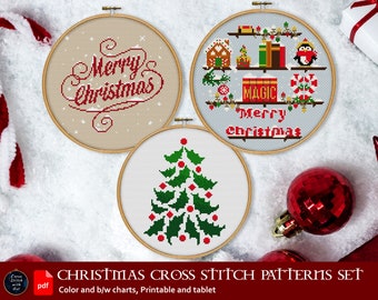 Merry Christmas cross stitch patterns set. Xmas tree cross stitch PDF. Christmas embroidery gift. Winter holiday cross stitch. Easy xstitch