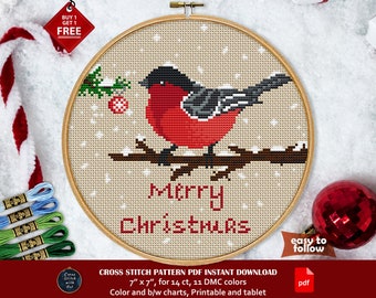 Merry Christmas cross stitch pattern. Bird cross stitch PDF. Winter Holiday, Xmas cross stitch. Easy counted cross stitch, Robin embroidery