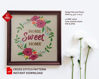 Home Sweet Home cross stitch pattern. Flower wreath cross stitch PDF. Counted modern cross stitch. Housewarming gift, Home decor embroidery