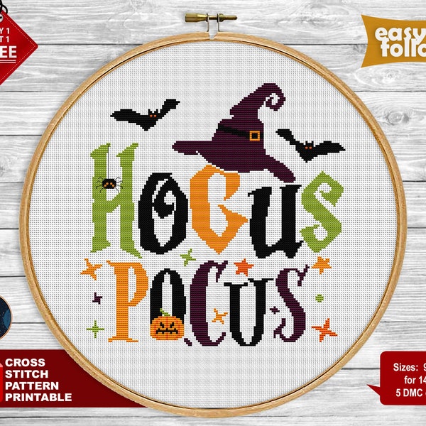 Hocus cross stitch pattern. Halloween cross stitch PDF. . Easy counted cross stitch chart. Halloween embroidery, pumpkin