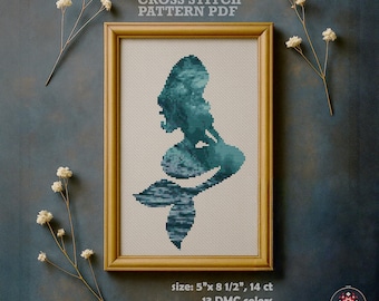 Mermaid Cross Stitch Pattern, Sea Wave Landscape, Nautical Decor (PDF Download)