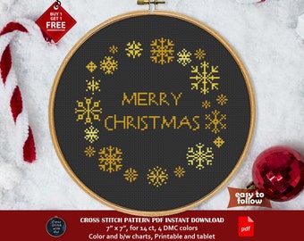 Merry Christmas cross stitch pattern. Xmas cross stitch PDF. Christmas embroidery. Winter cross stitch. Easy counted cross stitch Snowflakes