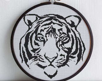 Kruissteekpatroon van een tijger – Minimalistisch jungledier, eenvoudig natuurborduurwerk (PDF-download)