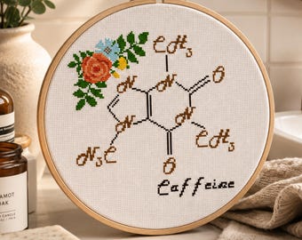 Caffeine Coffee Cross Stitch Pattern PDF. Modern Kitchen Embroidery Decor. Science Caffeine Chemical