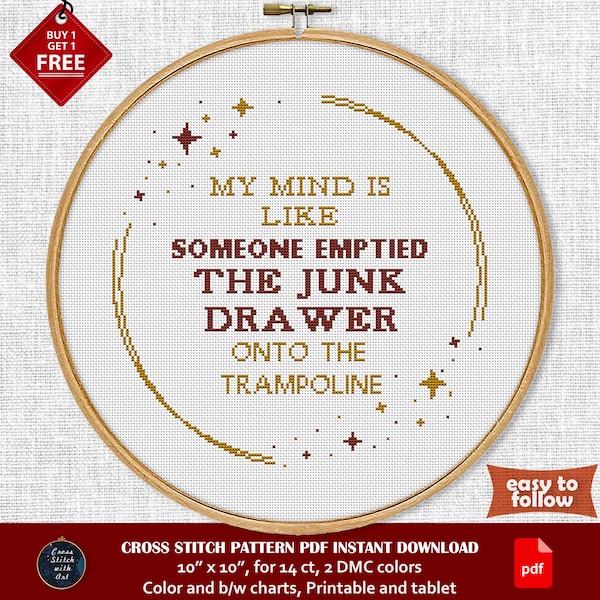 Mental Health Funny cross stitch pattern. Mind is Like a Junk Drawer on Trampoline Sarcastic cross stitch PDF. Modern cross stitch ADHD sign