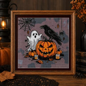 Halloween Cross Stitch Pattern: Raven, Ghost, Pumpkin  (PDF, Full coverage)