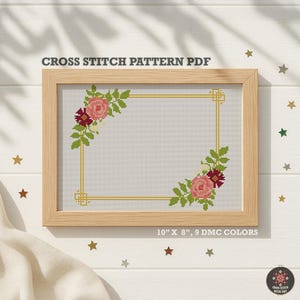May include: A framed cross-stitch pattern with a floral design. The pattern features pink and burgundy flowers with green leaves, set against a white background. The frame is light brown, and the text "CROSS STITCH PATTERN PDF" is at the top. The dimensions are 10" x 8".