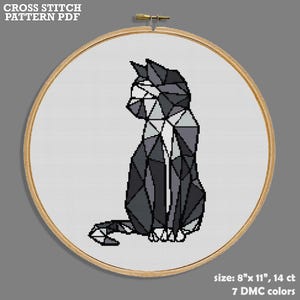 Geometric Gray Cat Cross Stitch Pattern – Modern Cat Embroidery Design, PDF Download, Stylish Minimalist Wall Art, DIY Cat Lover Gift Decor