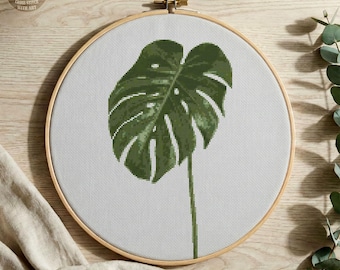Monstera Leaf Cross Stitch Pattern, Modern Plant Embroidery (PDF Pattern)