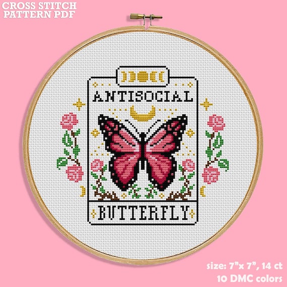 Antisocial Butterfly, Goth Cross Stitch Pattern, Funny Tarot Embroidery Intovert Gift (PDF)