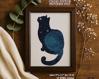 Patrón de punto de cruz "Gato de la Noche Estrellada", Animal Galaxia (Descarga digital en PDF)