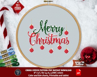 Merry Christmas cross stitch pattern. Xmas ball cross stitch PDF. Christmas embroidery. Winter holiday cross stitch. Easy counted xstitch