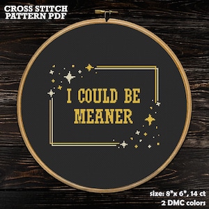 May include: A cross-stitch pattern in a wooden hoop with the text "I COULD BE MEANER" in gold. The pattern is on a black background with gold and white accents. The size is 20.3 cm x 15.2 cm, 14 ct, and uses 2 DMC colours.