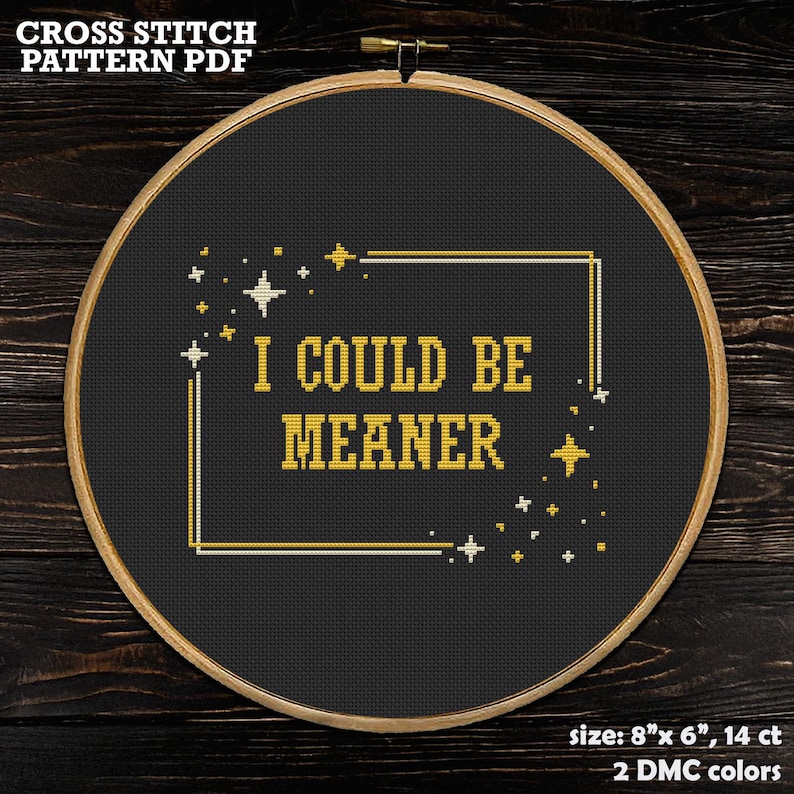 May include: A cross-stitch pattern in a wooden hoop with the text "I COULD BE MEANER" in gold. The pattern is on a black background with gold and white accents. The size is 20.3 cm x 15.2 cm, 14 ct, and uses 2 DMC colours.