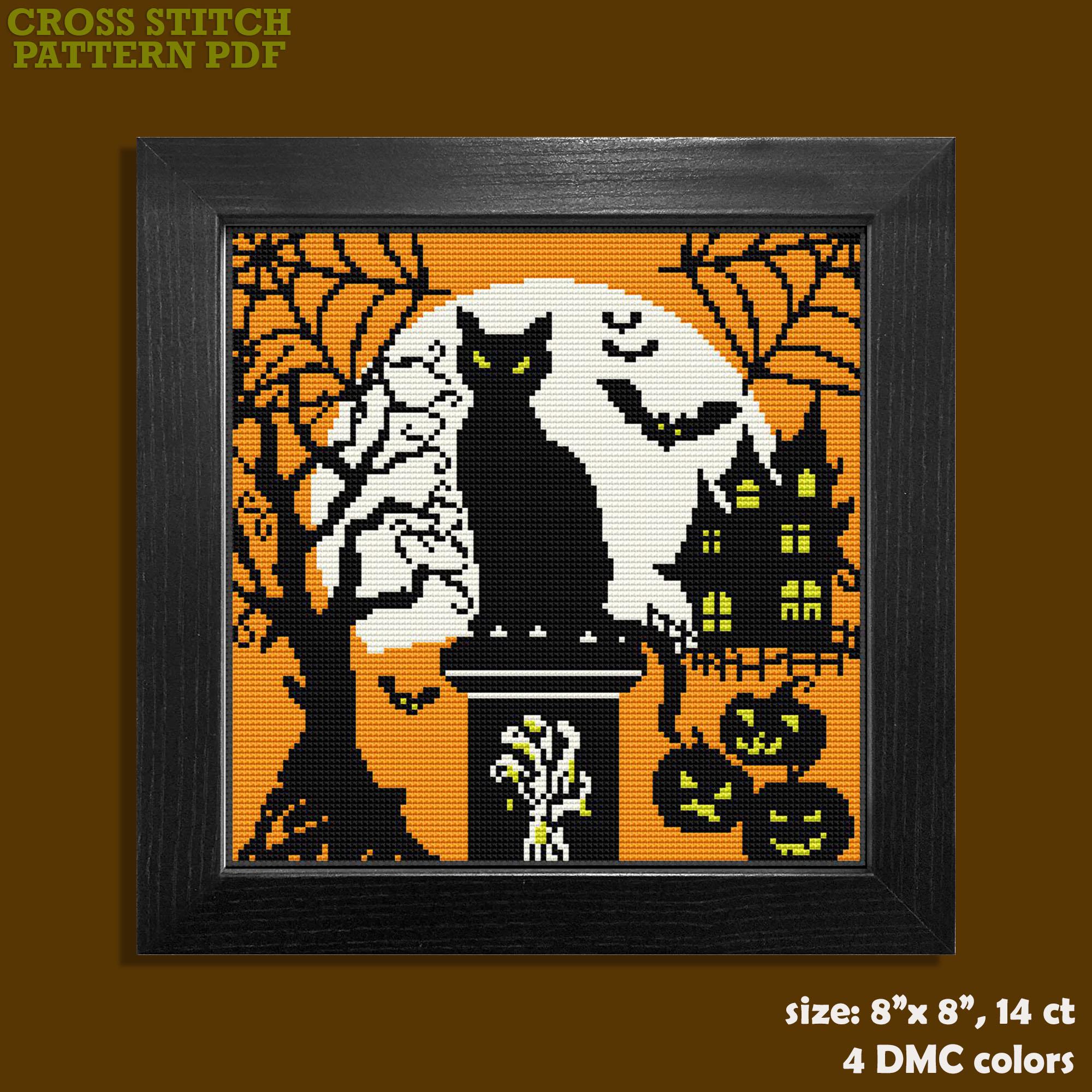 Halloween Black Cat Cross Stitch Pattern | Spooky Graveyard (PDF) - Etsy