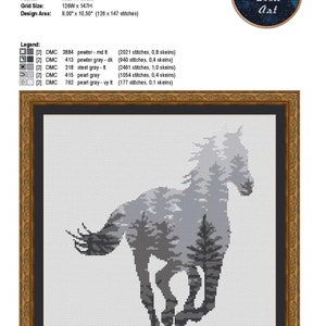 May include: Cross stitch pattern of a horse running through a forest. The horse is a silhouette with a gray and white color scheme. The pattern is 9 inches by 10.5 inches and uses 126 by 147 stitches.