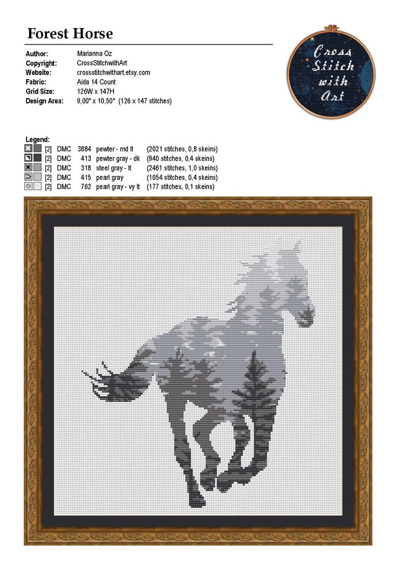 May include: Cross stitch pattern of a horse running through a forest. The horse is a silhouette with a gray and white color scheme. The pattern is 9 inches by 10.5 inches and uses 126 by 147 stitches.