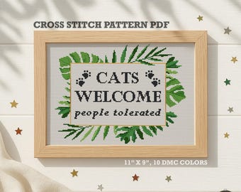 Schema per punto croce con gatto sarcastico in PDF. Gatti benvenuti, persone tollerate, citazione sarcastica