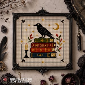 Halloween-korsstygnsmönster: Gotiska korp- och mysterieböcker, Witchy Reader PDF-design