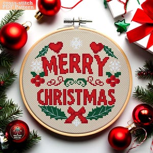 Merry Christmas Cross Stitch Pattern PDF. Festive Xmas Embroidery Design. Snowflake Winter Holiday DIY Decor. Retro Christmas Gift Ornament