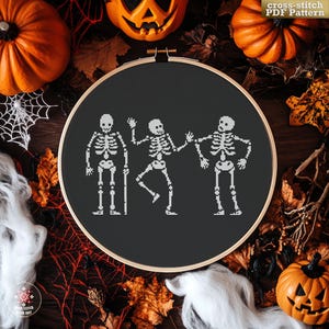 Dancing Skeletons Cross Stitch Pattern PDF. Funny Halloween Embroidery Design. Spooky Skeleton Stitch Chart for Beginners, Gothic Fall Decor