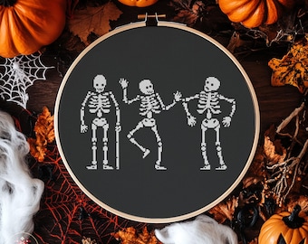 Padrão de Ponto Cruz de Esqueletos Dançantes, Desenho Divertido de Halloween (Padrão em PDF)