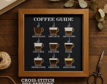 Coffee Guide Cross Stitch Pattern PDF. Modern Kitchen Decor Embroidery Design. Coffee Lovers Gift