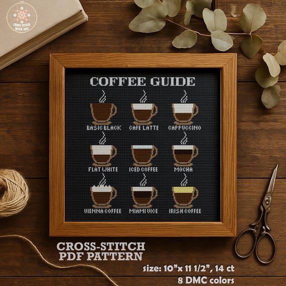 Coffee Guide Cross Stitch Pattern PDF. Modern Kitchen Decor Embroidery Design. Coffee Lovers Gift