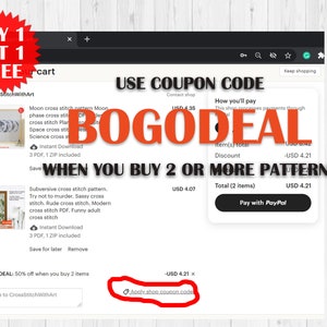 K&ouml;nnte beinhalten: Ein Screenshot eines Etsy-Warenkorbs mit Kreuzstichmustern. Das Bild zeigt eine Aktion "Kaufe 1, erhalte 1 gratis" und einen Gutscheincode "BOGODEAL". Der Warenkorb enth&auml;lt zwei Kreuzstichmuster-Downloads, mit Gesamtkosten von 4,21 &euro;.