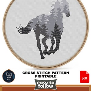 May include: Cross stitch pattern printable for a horse with a forest inside its silhouette. The design is 9 inches by 10 inches and uses 5 DMC colors. The pattern includes color and black and white charts.