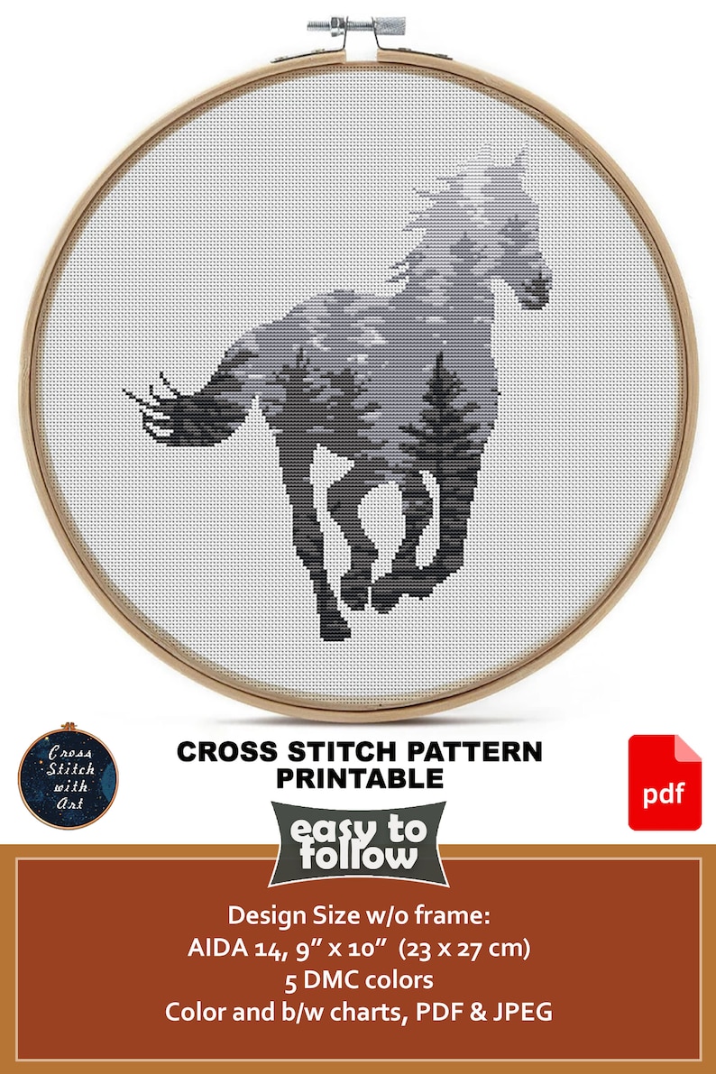 May include: Cross stitch pattern printable for a horse with a forest inside its silhouette. The design is 9 inches by 10 inches and uses 5 DMC colors. The pattern includes color and black and white charts.