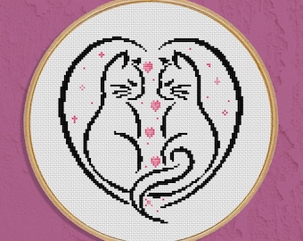 Cats in Love Cross Stitch Pattern – Valentine's Day Heart Embroidery (PDF)