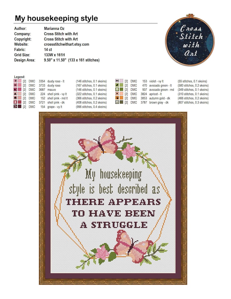 Snarky Cross Stitch Pattern. My Housekeeping Style. Sassy Etsy